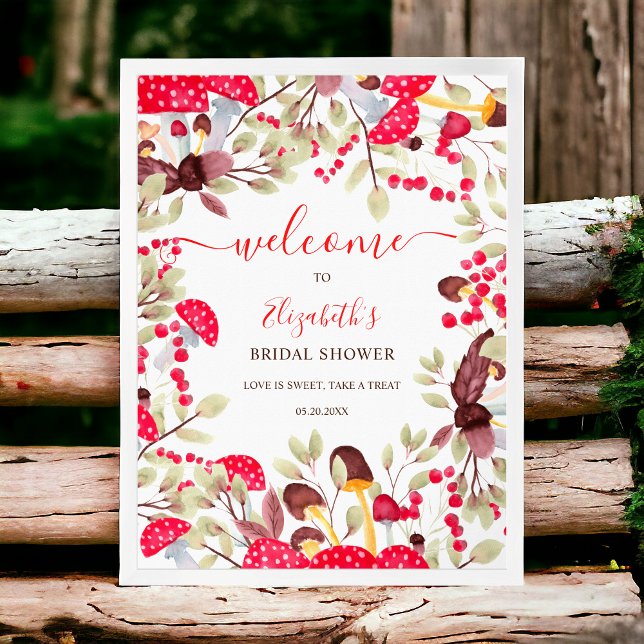Poster Champignons mignons forêt rustique baby shower acc (Cute mushroom rustic forest baby shower welcome poster)