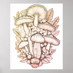 Poster Champignons psychédéliques fond noir sur un mur