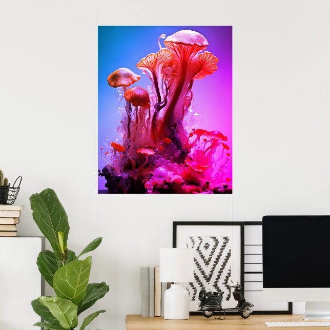 Poster Champignons translucides colorés rouge et bleu sur (Bureau à domicile)