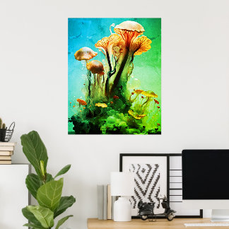 Poster Champignons translucides verts gras sur un mur