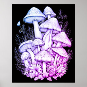 Poster Champignons verts sur fond noir sur un mur