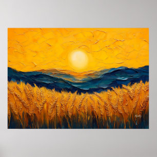 Poster Champs de blé dorés au coucher du soleil, peinture