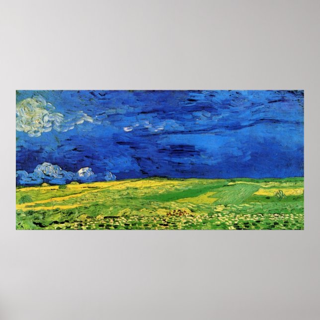 Poster Champs de blé sous ciel nuageux Van Gogh (Devant)