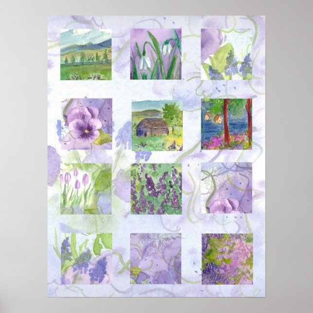 Poster Champs de lavande Aquarelle Fleur Collage Art (Devant)