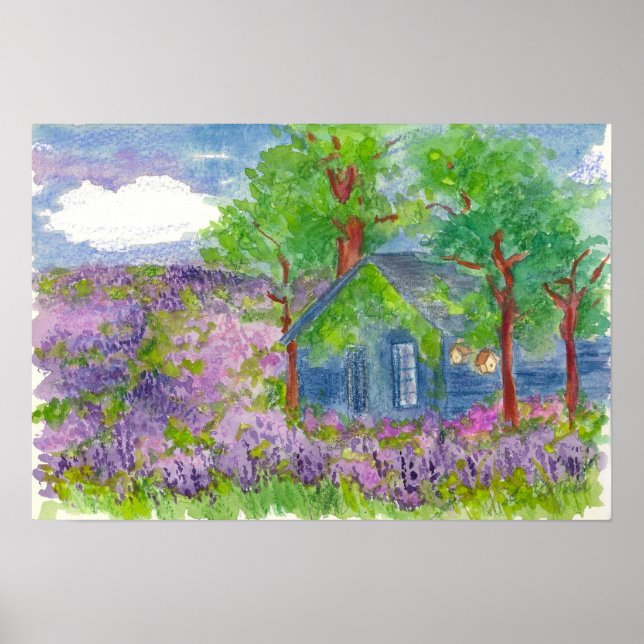 Poster Champs de lavande Pays Cabine aquarelle peinture (Devant)