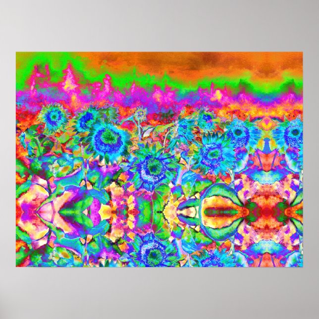 Poster Champs de tournesol bleu pour toujours, fleurs abs (Devant)