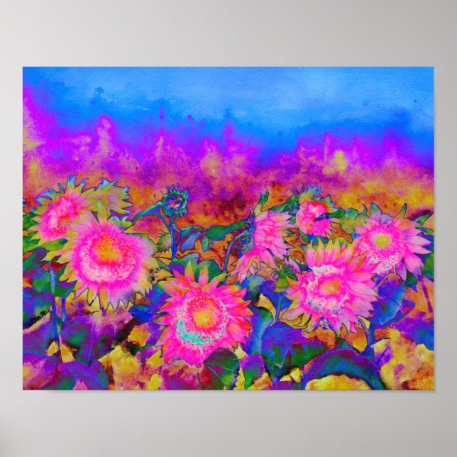 Poster Champs de tournesol - rose (Devant)