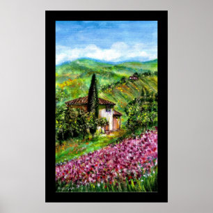 POSTER CHAMPS D'IRIS PURPLE DANS LE PAYSAGE VERT TUSCANS
