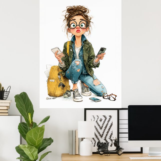 Poster Chaos Whimsical Tech-Overload Girl (Bureau à domicile)