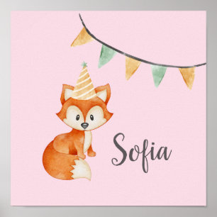 Poster Chapeau de fête champêtre renard mignon Joyeux Ann