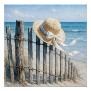 Poster Chapeau de paille d'été sur une clôture de plage