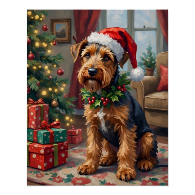 Poster Chapeau de Père Noël Airedale Terrier Art de Noël  (Devant)