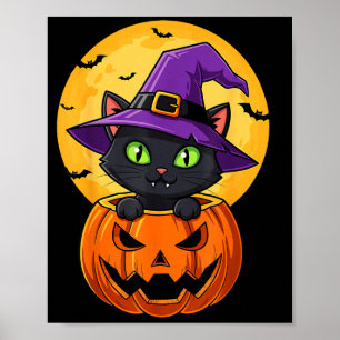 Poster Chapeau de sorcière chat noir mignon dans citrouil