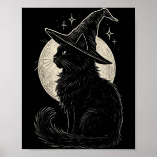 Poster Chapeau de sorcière chat noir mignon rétro coquett