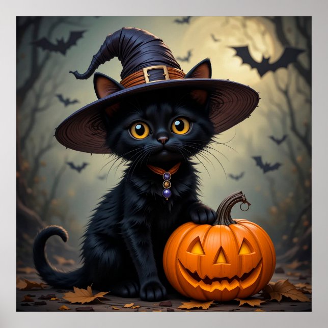 Poster Chapeau de sorcière de chat noir mignon Épouvantab (Devant)