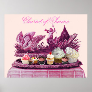 POSTER CHAR CHARRETTE ROSE ANTIQUE DE CYGNES ET CUPCAKES