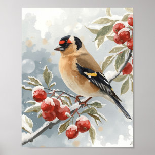Poster Chardonneret élégant à l'aquarelle avec rouge givr