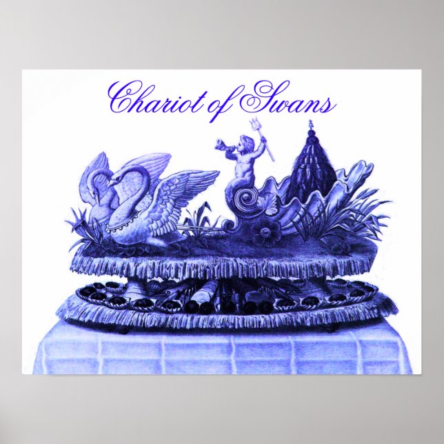 POSTER CHARIOT BLEU ANTIQUE DE SWANS ET CUPCAKES (Devant)