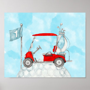 Poster Chariot de golf avec balle de golf et drapeau d'aq