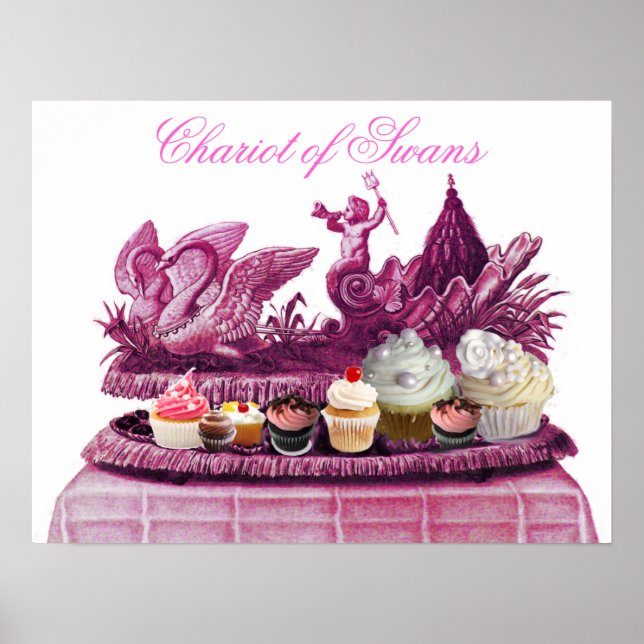 POSTER CHARIOT ROSE ANTIQUE DE SWANS ET CUPCAKES (Devant)