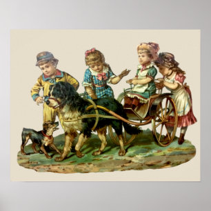 Poster Chariot Vintage pour Enfants et Chien
