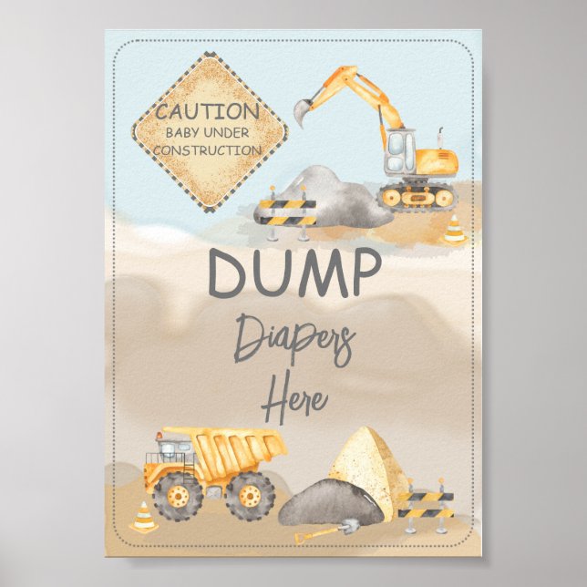 Poster Chariots de Baby shower de construction ici (Devant)