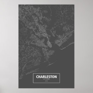 Poster Charleston, Caroline du Sud (blanc sur noir)