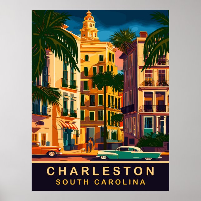 Poster Charleston Downtown, SC, Vintage voyage (Devant)