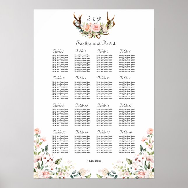 Poster Charm Blush Cream Fleurs Antlers Diagramme de sièg (Devant)