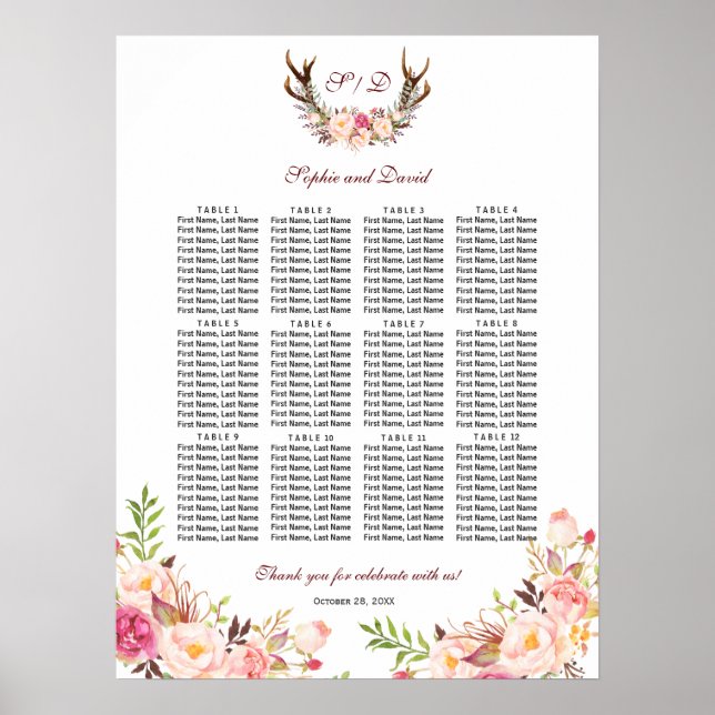 Poster Charm Blush Flowers Antlers Mariage Seating Chart (Devant)