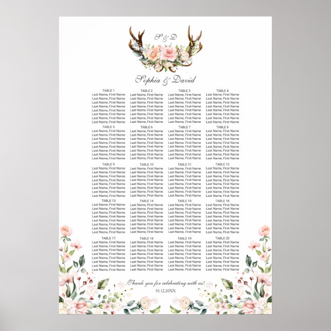 Poster Charm Rose Blush Floral Antlers Diagramme de siège (Devant)