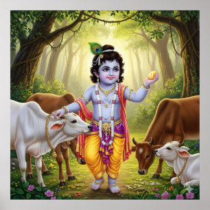 Poster Charmant Bala Krishna pastoral vert avec veaux