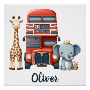 Poster Charmant bus londonien avec girafe et éléphant