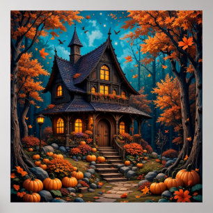 Poster Charmant Cottage avec Citrouilles dans une Forêt d