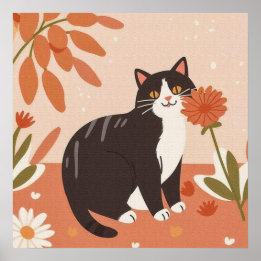 Poster Charmant Kitty doux aux fleurs
