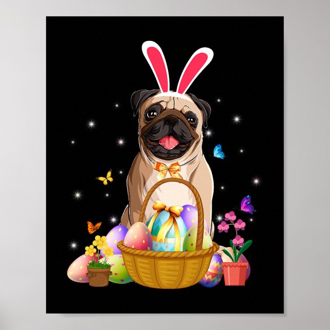 Poster Charmant lapin Carlin chien avec Panier Oeufs de P (Devant)
