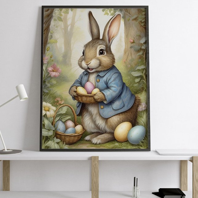 Poster Charmant lapin de Pâques en Manteau Bleu Woodland (Créateur téléchargé)