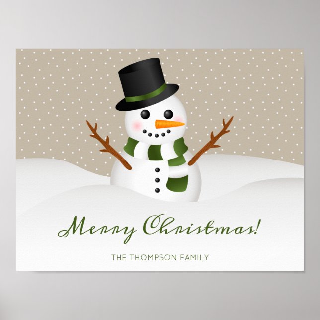Poster Charmant Snowman Sur Beige Et Personnalisé Nom Noë (Devant)