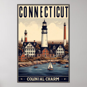 Poster Charme Colonial du Connecticut Phare Vintage