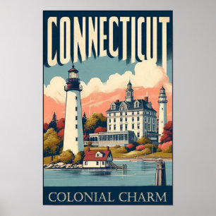 Poster Charme Colonial du Connecticut Phare Vintage 