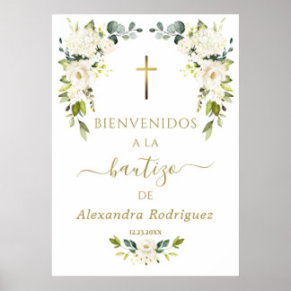Poster Charme Fleurs Blanches Bienvenue Signe Baptême Esp