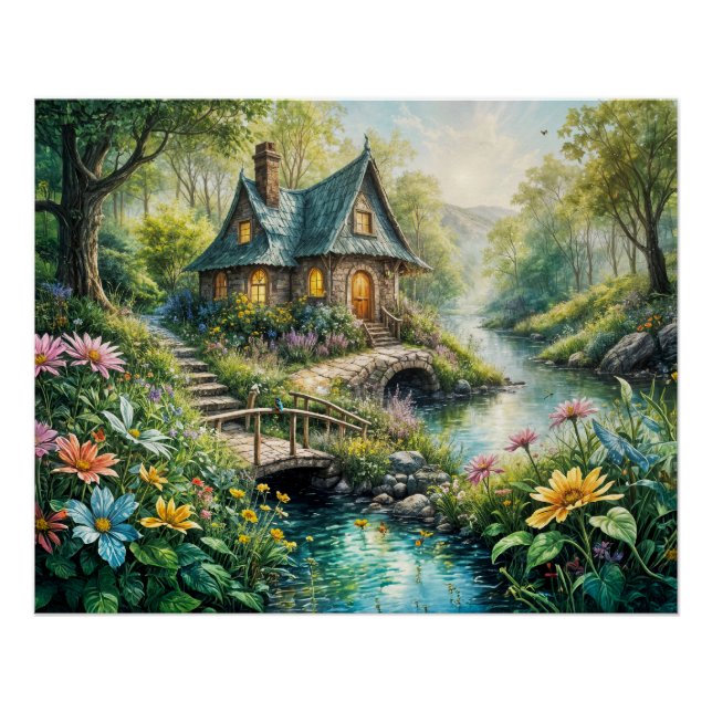 Poster Charming Cottage by Serene Stream (Devant)