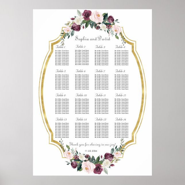 Poster Charming Gold Burgundy Blush Floral Graphique de s (Devant)