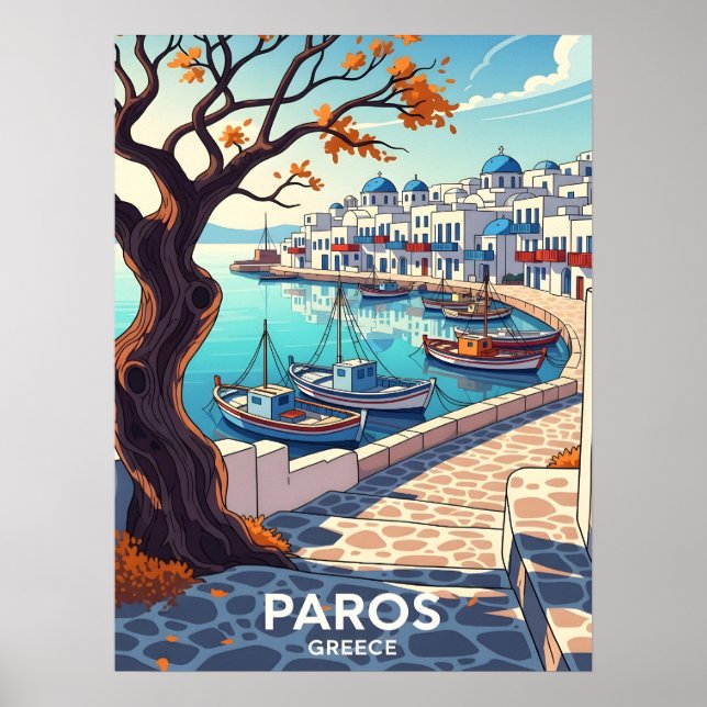Poster Charming Paros Greece harbor scene (Devant)