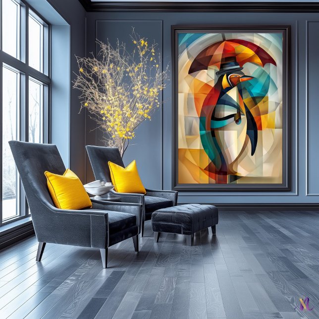 Poster Charming Penguin - Dandy cubiste dans la pluie (Créateur téléchargé)