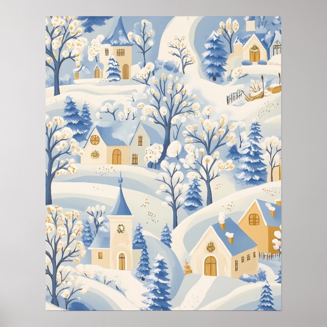 Poster Charming Winter Village Scene in Snowy Landscape (Devant)