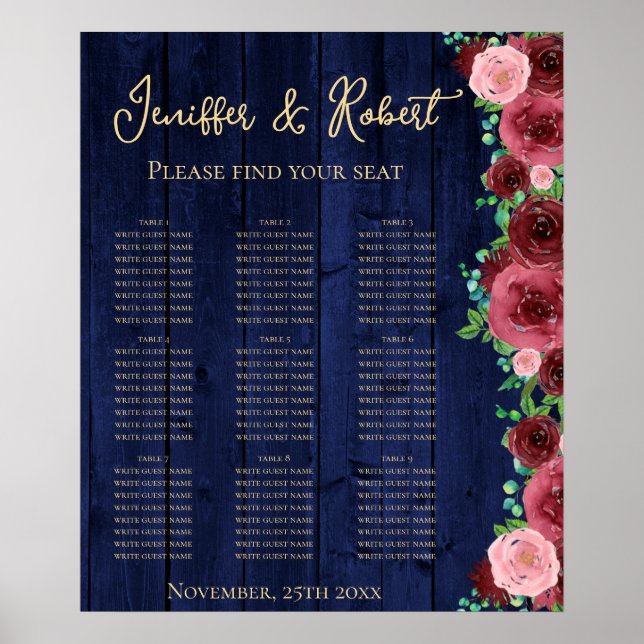 Poster Chart de placement de table Rustique Bourgogne 9 F (Devant)