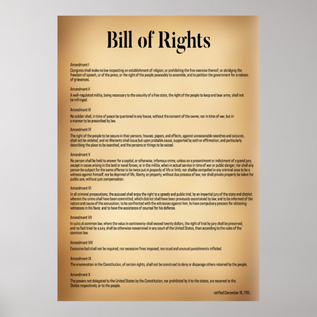 Poster Charte des droits Constitution des États-Unis Post (Devant)