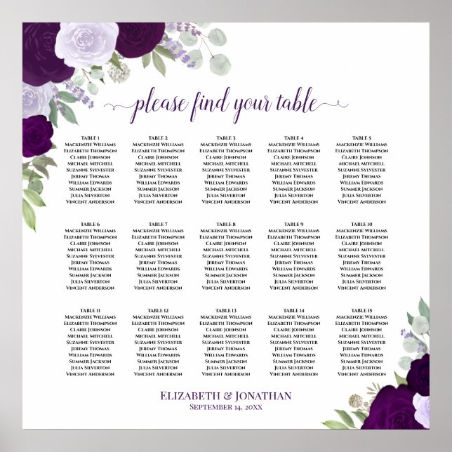 Poster Chartre de placement de mariage chic avec 15 table (Devant)