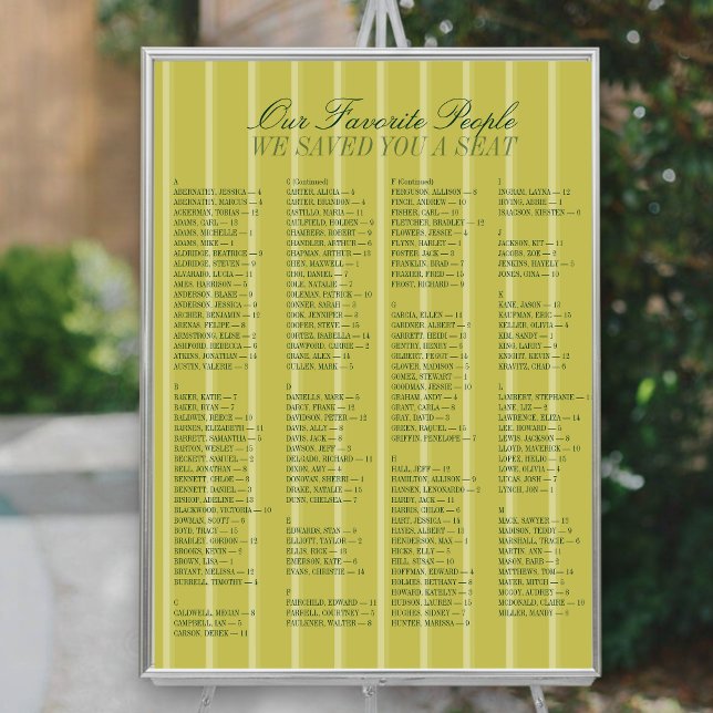 Poster Chartreuse Alphabetical Wedding Seating Chart (Chartreuse Alphabetical Wedding Seating Chart)